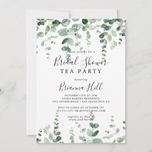 ミニマリストユーカリブライダルシャワーティーパーティー 招待状 (正面)