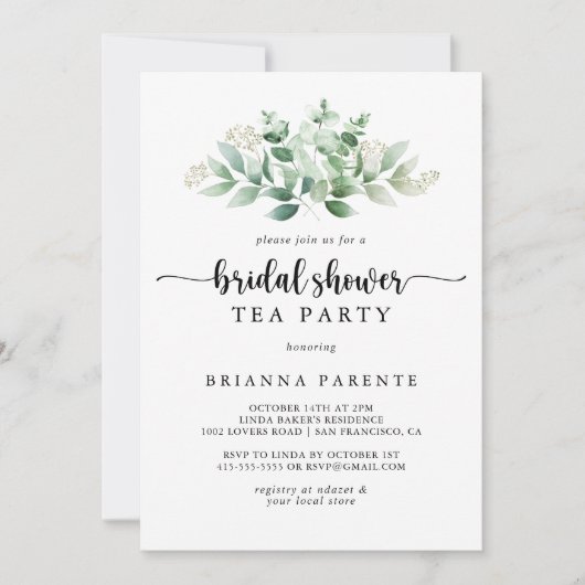 ミニマリストユーカリブライダルシャワーティーパーティー 招待状 (正面)