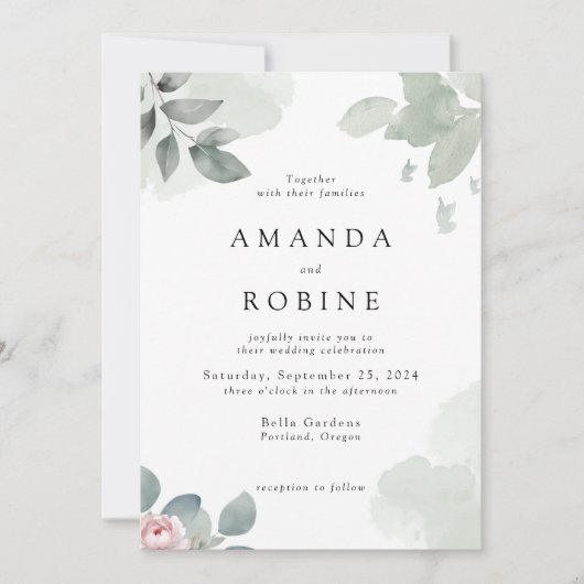 ミニマリストユーカリプスグリーンリー結婚式招待状 招待状 (正面)