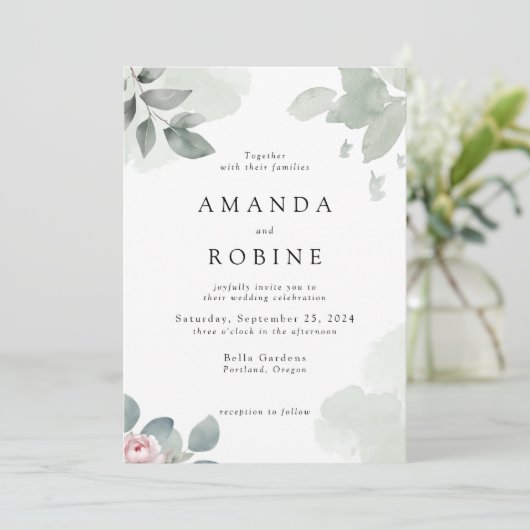 ミニマリストユーカリプスグリーンリー結婚式招待状 招待状 (スタンド正面)