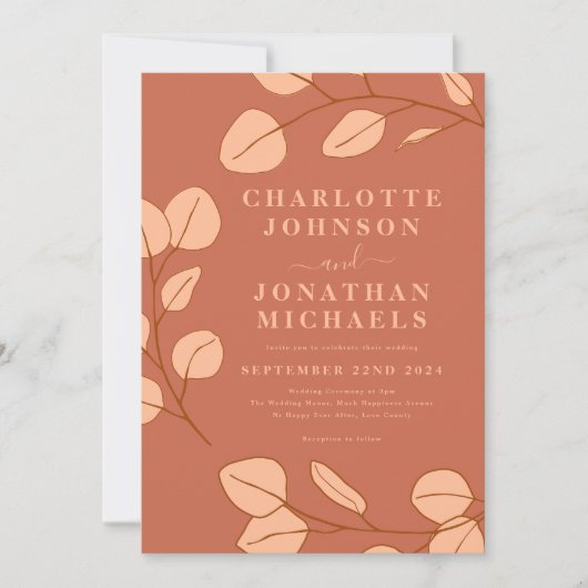 ミニマリストユーカリプスリーフテラコッタ秋の結婚式 招待状 (正面)