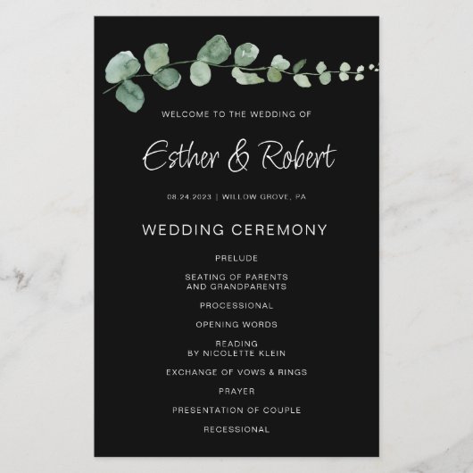 ミニマリストユーカリプタスブラック結婚式 プログラム (正面)