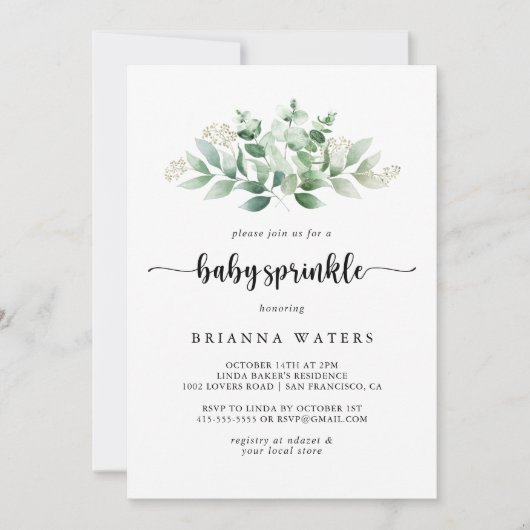 ミニマリストユーカリプタスベビー散水 招待状 (正面)