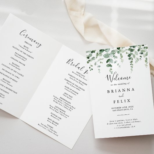 ミニマリストユーカリプタス折り畳み結婚式 プログラム