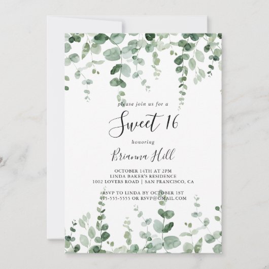 ミニマリストユーカリプトゥススウィート16バースデーパーティー 招待状 (正面)