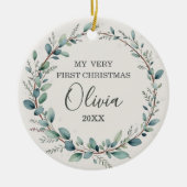 ミニマリストユーカリベビー初めてのクリスマス セラミックオーナメント (正面)