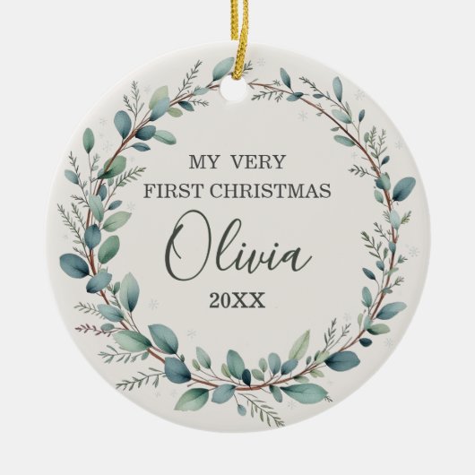 ミニマリストユーカリベビー初めてのクリスマス セラミックオーナメント (正面)