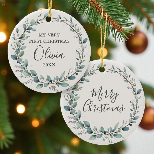 ミニマリストユーカリベビー初めてのクリスマス セラミックオーナメント
