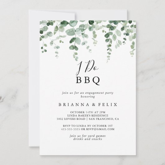 ミニマリストユーカリIドBBQ婚約パーティ 招待状 (正面)