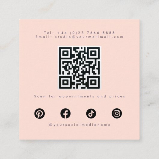 ミニマリストライトピーチピンクメイクアップアーティストガーリーQR スクエア名刺 (裏面)