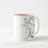 ミニマリストラインアートさくらんぼブロッサムマグ、女性顔 ツートーンマグカップ (正面右)