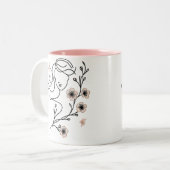 ミニマリストラインアートさくらんぼブロッサムマグ、女性顔 ツートーンマグカップ (正面左)