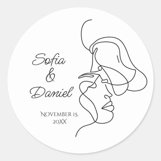 ミニマリストラインアートカップルイラストレーション結婚ズ ラウンドシール (正面)