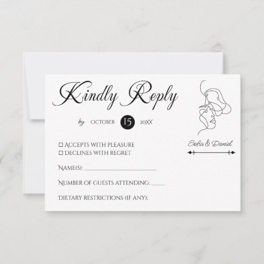 ミニマリストラインアートカップルイラストレーション結婚ズ 出欠カード (正面)