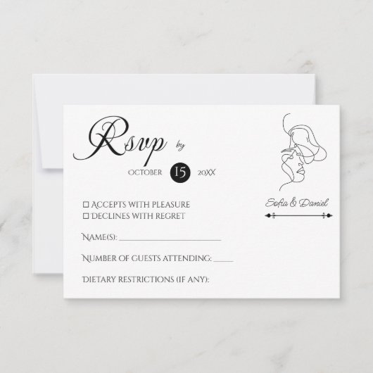 ミニマリストラインアートカップルイラストレーション結婚ズ 出欠カード (正面)