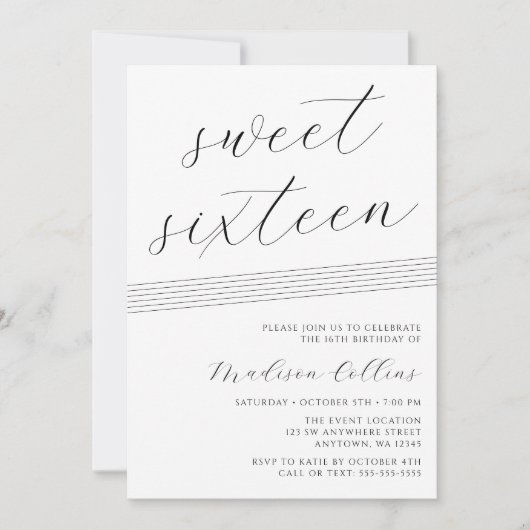 ミニマリストライン白黒スウィート16 招待状 (正面)