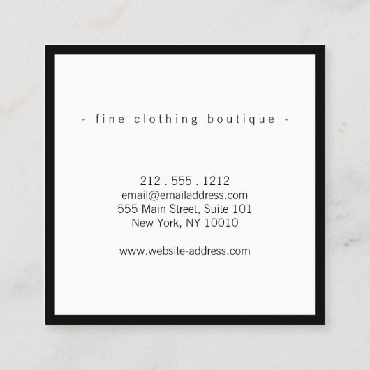 ミニマリストラグジュアリーブティックブラック/ホワイト スクエア名刺 (裏面)