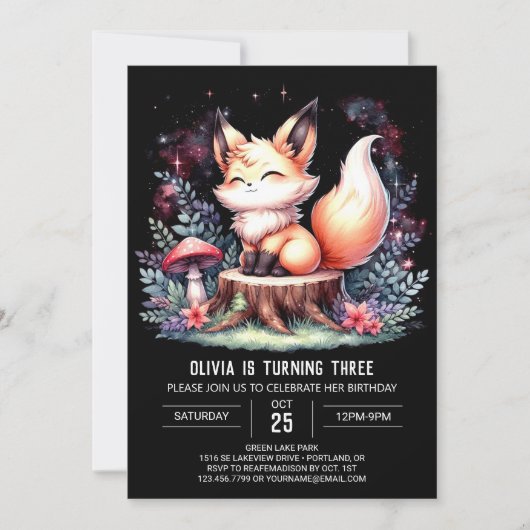 ミニマリストリトルキツネ誕生日デジタル 招待状 (正面)