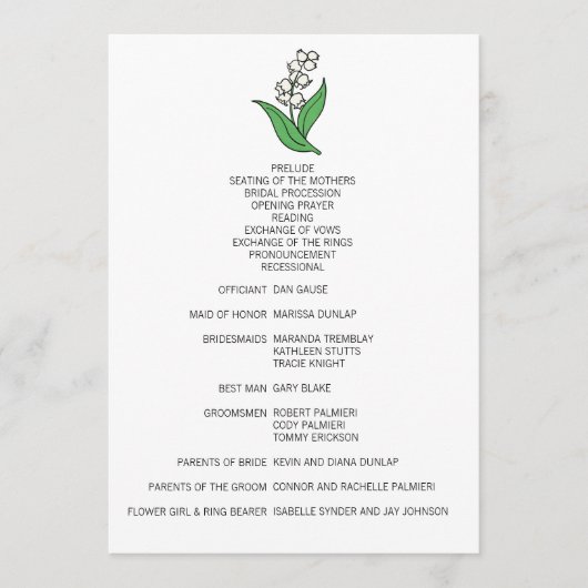 ミニマリストリリーオブザバレー結婚式 プログラム (正面)