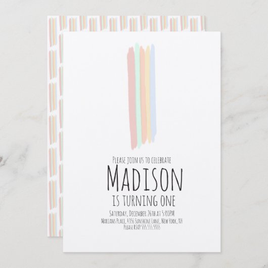 ミニマリストレインボーストロークファースト誕生日 素朴 招待状 (正面/裏面)