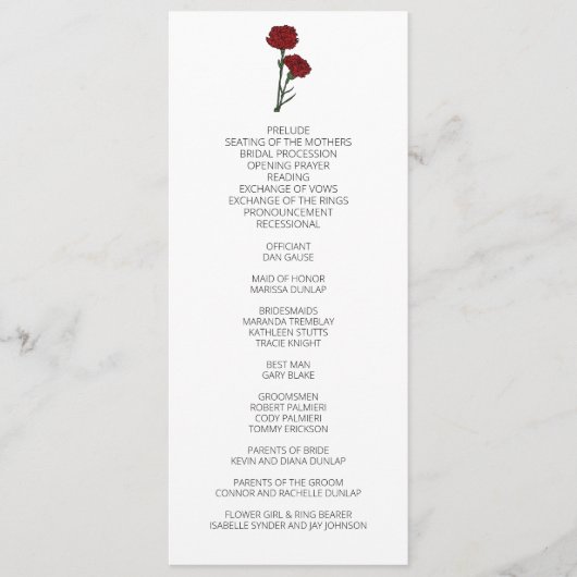 ミニマリストレッドカーネーション結婚式 プログラム (正面)