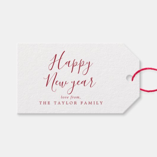 ミニマリストレッドハッピーニューイヤー家族の休日 ギフトタグ (正面(横))