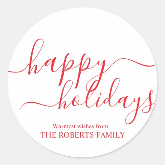ミニマリストレッドハッピーホリデーズエレガントタイポグラフィ ラウンドシール (正面)