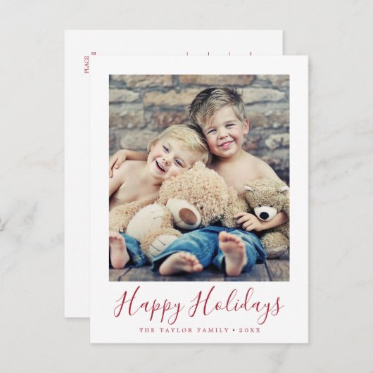 ミニマリストレッドハッピーホリデーズポートレート写真 シーズンポストカード (正面/裏面)