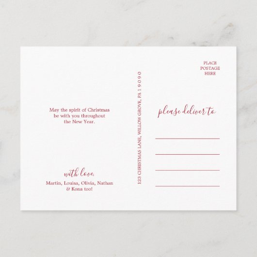 ミニマリストレッドハッピーホリデーズポートレート写真 シーズンポストカード (裏面)