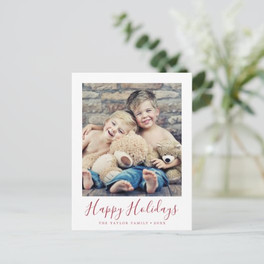 ミニマリストレッドハッピーホリデーズポートレート写真 シーズンポストカード (スタンド正面)