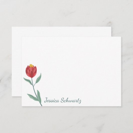 ミニマリストレッドプロテアフラワースケッチ パーソナライズされた ノートカード (正面/裏面)