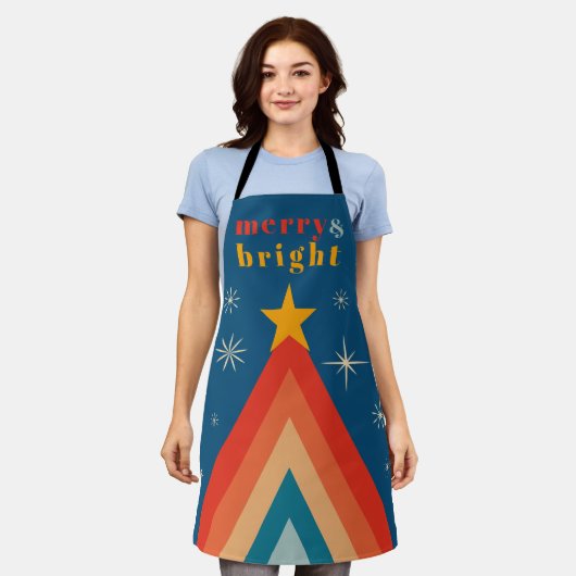 ミニマリストレッド&ブルーレトログルービークリスマス エプロン (着用した状態)
