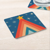 ミニマリストレッド&ブルーレトロGroovyクリスマスツリー スクエアペーパーコースター (アングル)