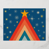 ミニマリストレッド&ブルーレトロGroovyクリスマスツリー 箔シーズンポストカード (正面)