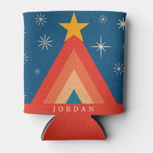 ミニマリストレッド&ブルーレトロGroovyクリスマスツリー 缶クーラー (正面)