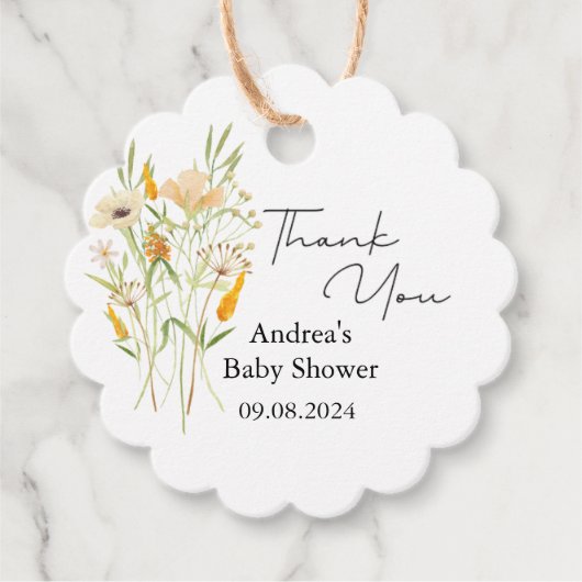 ミニマリストワイルドフラワーオレンジ色の赤ちゃんシャワー フェイバータグ (正面)