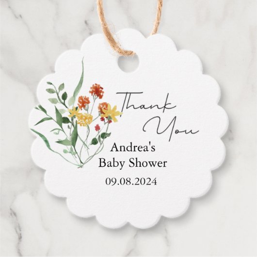 ミニマリストワイルドフラワーグリーン赤ちゃんシャワー フェイバータグ (正面)