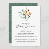 ミニマリストワイルドフラワーグリーン赤ちゃんシャワー 招待状 (正面/裏面)