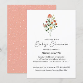 ミニマリストワイルドフラワーピーチ赤ちゃんシャワー 招待状