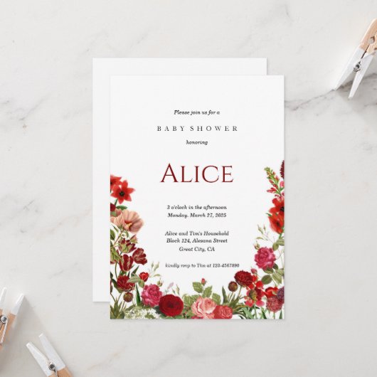 ミニマリストワイルドフラワーベビーシャワー招待状赤 招待状 (正面/裏面インサイチュ)