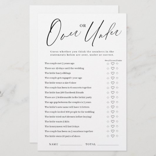 ミニマリスト上または下ブライダルシャワーゲーム (正面/裏面)