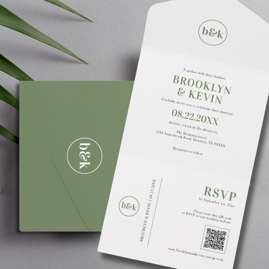 ミニマリスト予算オリーブグリーンQRコード |写真 オールインワン招待状