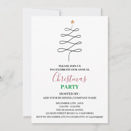 ミニマリスト企業のビジネスクリスマスパーティー 招待状 (正面)