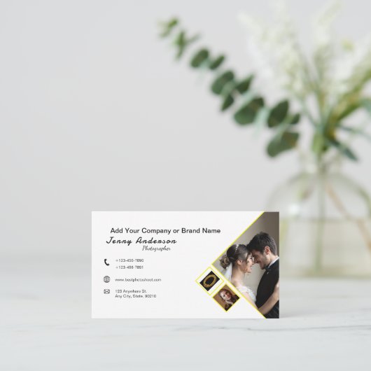 ミニマリスト会社ロゴQRコードフォトグラファー白 名刺 (スタンド正面)