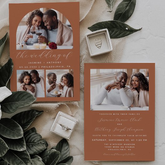 ミニマリスト写真アーチコラージテラコッタ結婚ズ 招待状