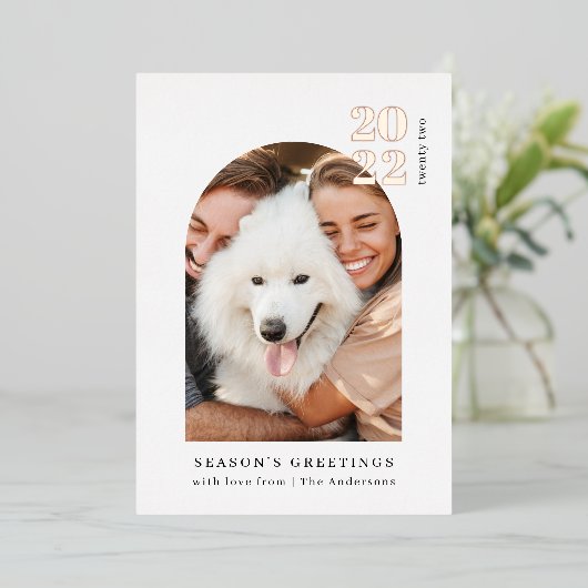 ミニマリスト写真アーチピンククリスマス実在パーティー 箔招待状 (立ち正面)