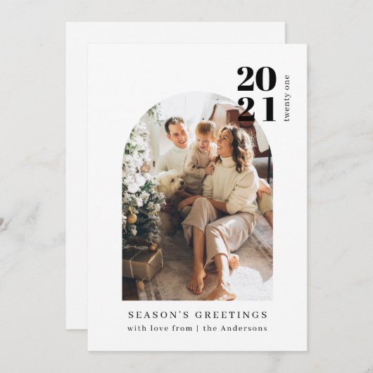ミニマリスト写真アーチファミリークリスマスパーティー招待者 シーズンカード (正面/裏面)
