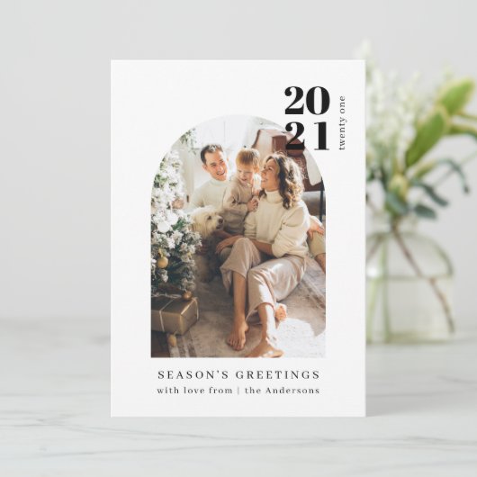 ミニマリスト写真アーチファミリークリスマスパーティー 招待状 (スタンド正面)
