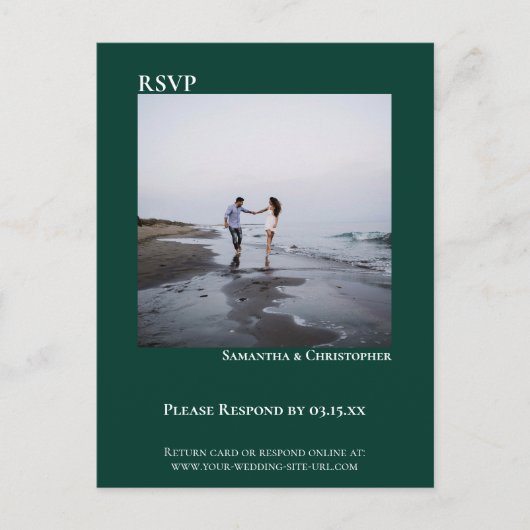 ミニマリスト写真エメモダンラルドグリーンウェディングRSVP ポストカード (正面)