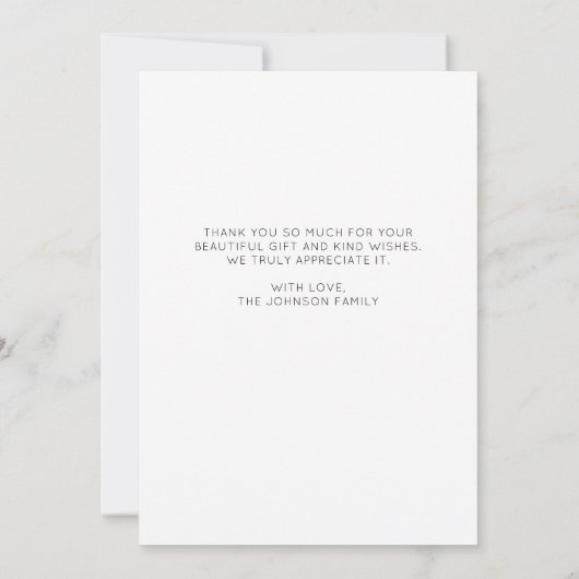 ミニマリスト写真ベビーシャワーギフトフラット サンキューカード (裏面)